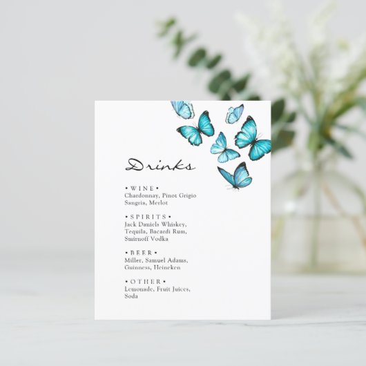 Stilvolle Blauschmetterlinge Hochzeit Drinks Menü (Stehend Vorderseite)