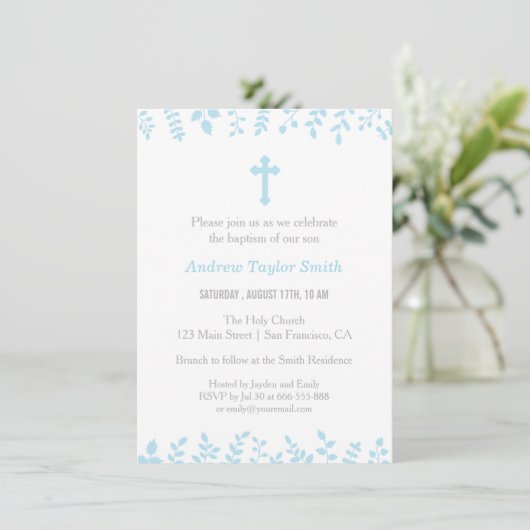 Stilvolle Blue Blätter Cross-Taufe Einladungen (Stehend Vorderseite)