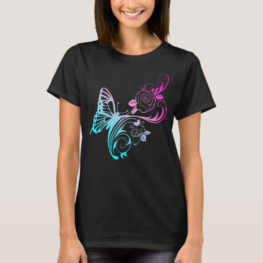 Stilvolle Blue Butterfly und Pink Blume T - Shirt (Vorderseite)