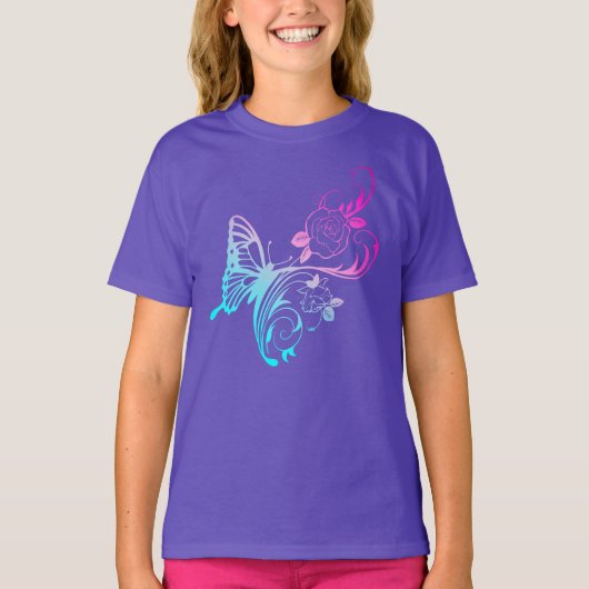 Stilvolle Blue Butterfly und Pink Blume T - Shirt (Vorderseite)