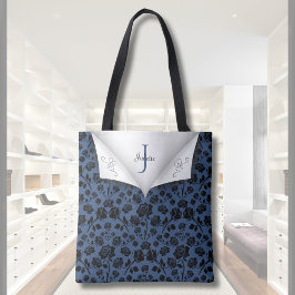 Stilvolle Blue Floral Mit Monogramm Tote Bag Tasche