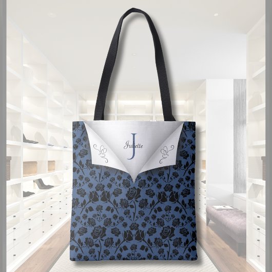 Stilvolle Blue Floral Mit Monogramm Tote Bag Tasche