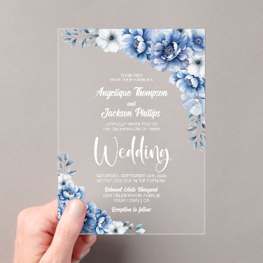 Stilvolle Blue Floral Wedding Acryleinladungen (Insitu (Handheld))