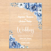Stilvolle Blue Floral Wedding Acryleinladungen (Vorderseite)