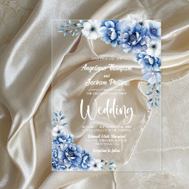 Stilvolle Blue Floral Wedding Acryleinladungen