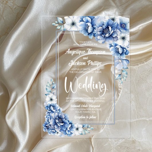 Stilvolle Blue Floral Wedding Acryleinladungen