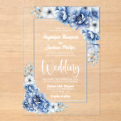 Stilvolle Blue Floral Wedding Acryleinladungen (Vorderseite)