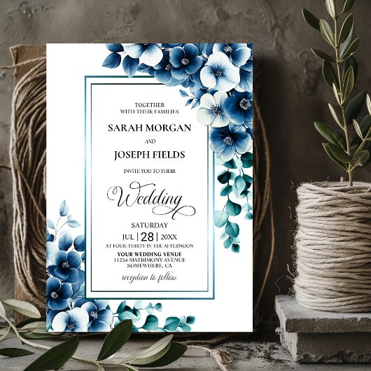 Stilvolle Blue Floral Wedding Einladung