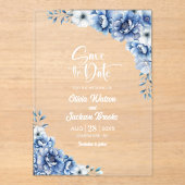 Stilvolle Blue Floral Wedding Save the Date Acryleinladungen (Vorderseite)