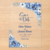 Stilvolle Blue Floral Wedding Save the Date Acryleinladungen (Vorderseite)