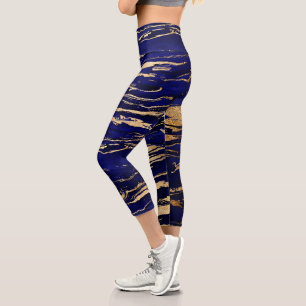 Stilvolle Blue & Gold Abstrakt Marbleized Paint Capri Leggings