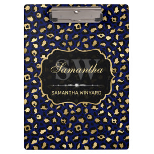 Stilvolle Blue & Gold Foil Leopard Spots Monogram Klemmbrett