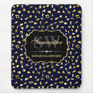 Stilvolle Blue & Gold Foil Leopard Spots Monogram Mousepad