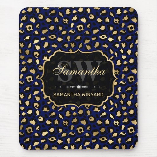 Stilvolle Blue & Gold Foil Leopard Spots Monogram Mousepad (Vorne)