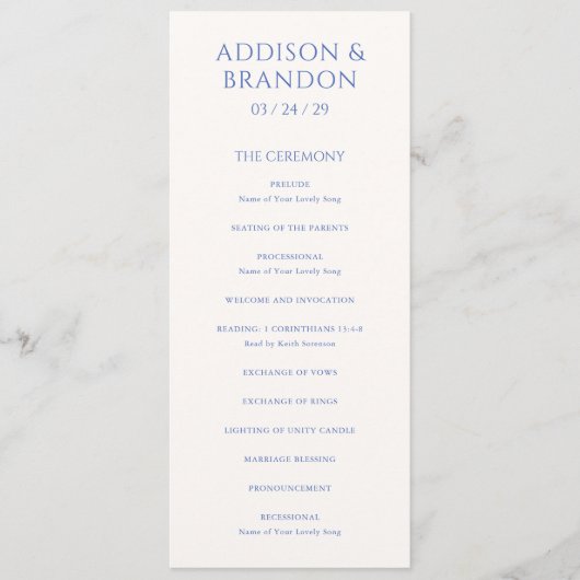 Stilvolle Blue Modern Wedding Programm (Vorderseite)