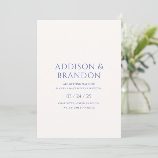 Stilvolle Blue Modern Wedding Save The Date (Stehend Vorderseite)