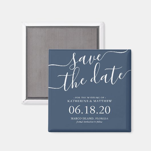 Stilvolle Blue Script Wedding Save the Date Magnet (Vorderseite/Rückseite)