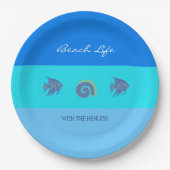 Stilvolle Blue Stripes Fish Muscheln Beach House Pappteller (Vorderseite)