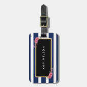 Stilvolle Blue Stripes Floral Gepäckmarke Gepäckanhänger (Vorderseite vertikal)