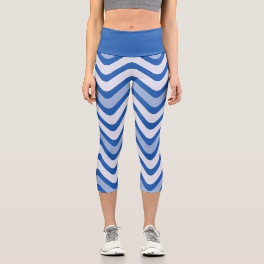 Stilvolle Blue Wavy Zickzack Pattern Yoga-Übungen Capri Leggings (Vorderseite)