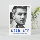 Stilvolle Blue White Modern Foto Graduate laden Si Einladung (Stehend Vorderseite)