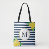 Stilvolle Blue White Stripes Summer Lemon Monogram Tasche (Vorderseite)