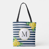 Stilvolle Blue White Stripes Summer Lemon Monogram Tasche (Rückseite)