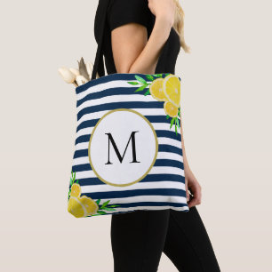 Stilvolle Blue White Stripes Summer Lemon Monogram Tasche