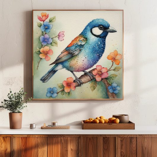 Stilvolle Bluebird- und Blütenkunst Poster