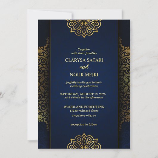 Stilvolle Blume aus blauem Gold Einladung (Vorderseite)