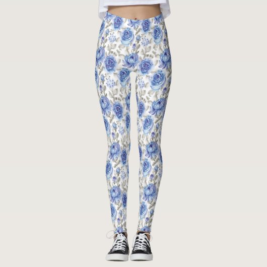 Stilvolle Blume Blau und Grau Botanisches Muster Leggings (Vorderseite)