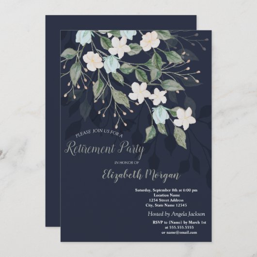 Stilvolle Blume Navy Blue Retirement Einladung (Vorne/Hinten)