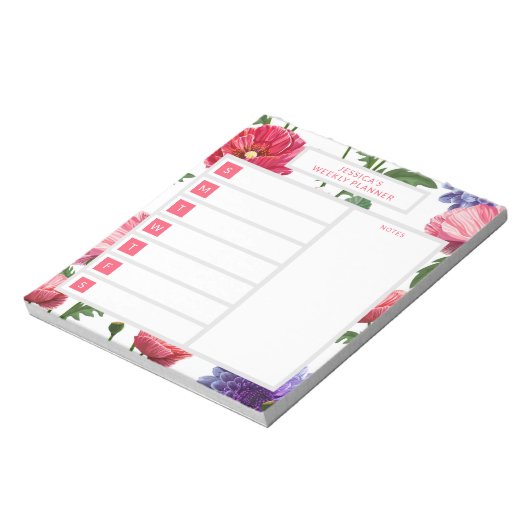 Stilvolle Blume Personalisierter Name Notizblock (Rotiert)