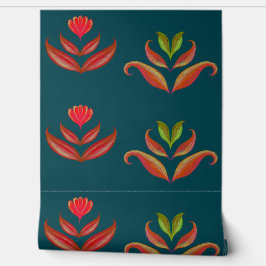 Stilvolle Blume Türkis & Burnt Orange Folk Art Tapete