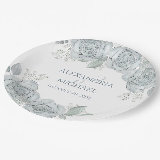 Stilvolle Blume zur Hochzeit Dusty Blue Floral Ros Pappteller (Schrägansicht)