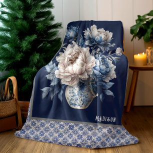 Stilvolle Blumen-Vase Blaue Chinoiserie-Monogramm Fleecedecke