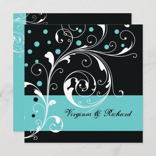 Stilvolle Blütenschrollarbeit schwarz, Wasserheira Einladung (Vorne/Hinten)