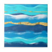 Stilvolle Boho Ocean Waves Blue Gold Foil Fliese (Vorderseite)