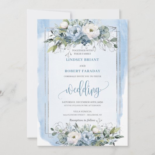 Stilvolle Boho Pastel Blue Silver Peonies Wedding Einladung (Vorderseite)