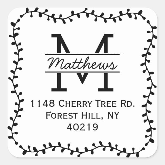 Stilvolle Botanische Grenze Custom Monogram Quadratischer Aufkleber (Vorderseite)