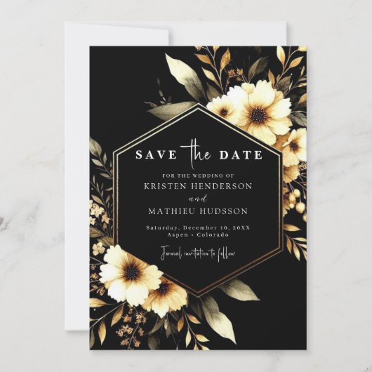 Stilvolle Botanische Hochzeit mit Gold und Black W Save The Date (Vorderseite)