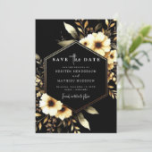 Stilvolle Botanische Hochzeit mit Gold und Black W Save The Date (Stehend Vorderseite)