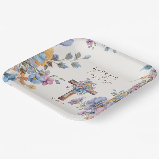 Stilvolle Botanische Taufe kreuz elegant Pappteller (Gewinkelt)