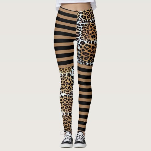 Stilvolle braune Leopard- und schwarz-braune Strei Leggings (Vorderseite)