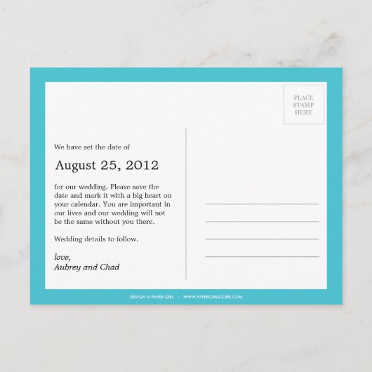 Stilvolle Briefmarke Save the Date Postkarte (Türk (Rückseite)