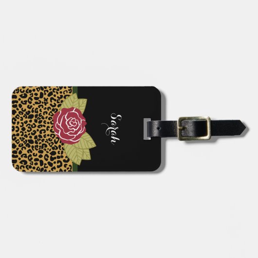 Stilvolle Brown-Goldleopard-Druck-Rote Rose und Gepäckanhänger (Vorderseite horizontal)