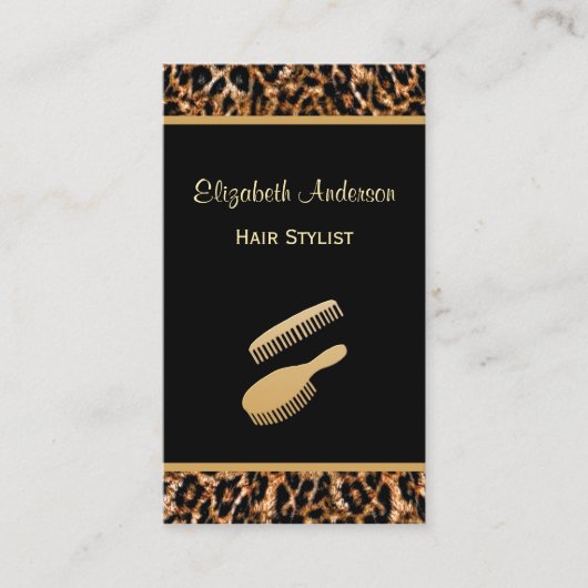 Stilvolle Brush Black and Gold Leopard Friseur Sal Visitenkarte (Vorderseite)