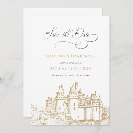 Stilvolle Burg Einmal auf einer Messe Märchen Hoch Save The Date (Vorne/Hinten)