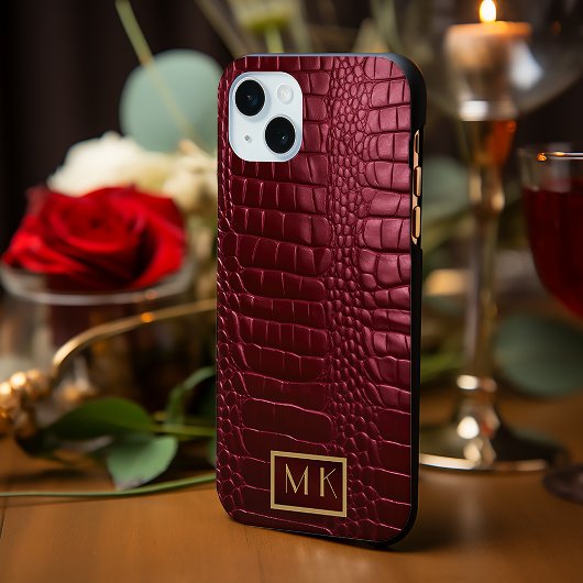 Stilvolle Burgundy Crocodile Leather Look Monogram Case-Mate iPhone Hülle