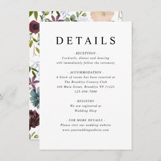 Stilvolle Burgundy Dusty Blue Floral Wedding Detai Begleitkarte (Vorne/Hinten)